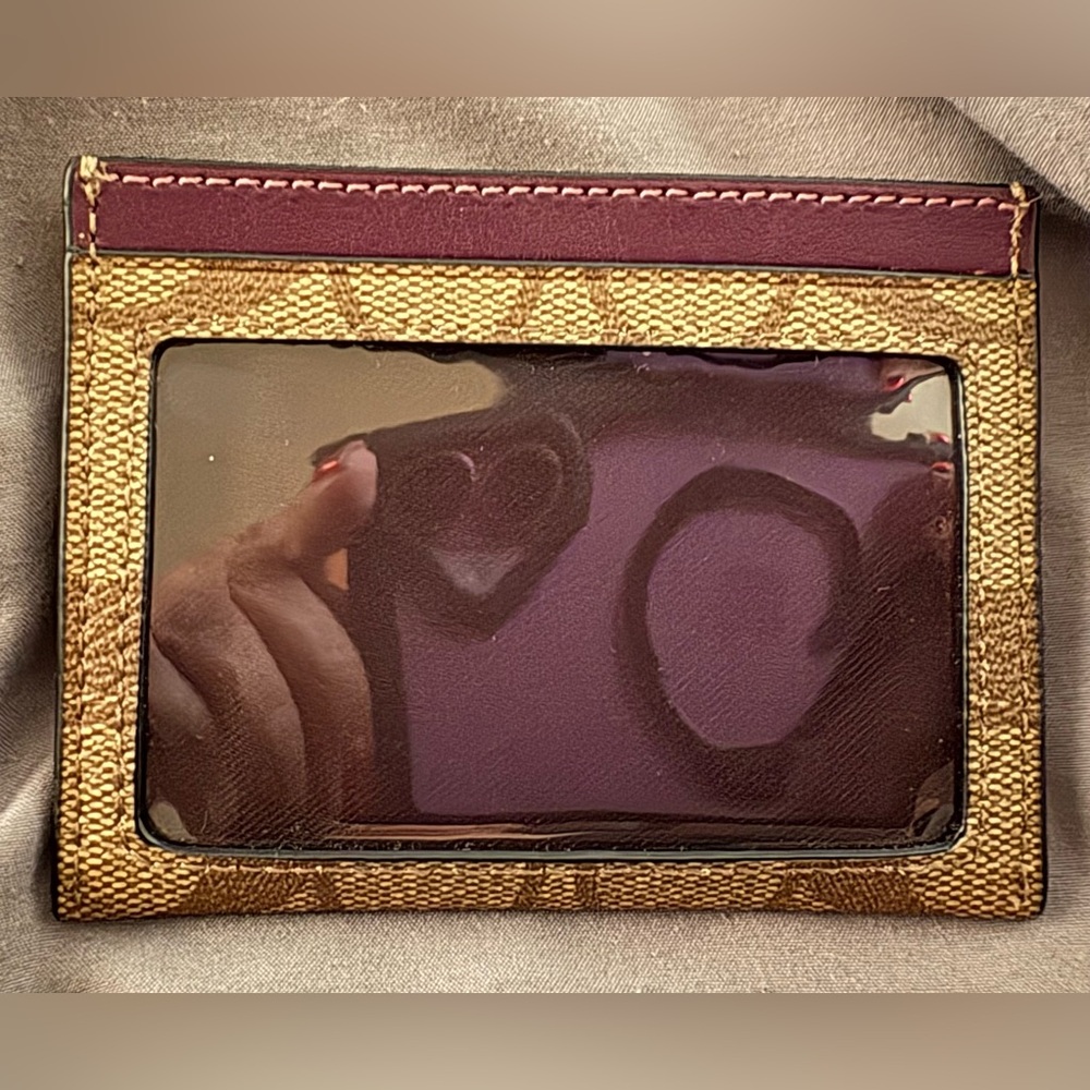 Coach Signature Canvas Card Holder with Burgundy Leather Trim - Picture 2 of 2